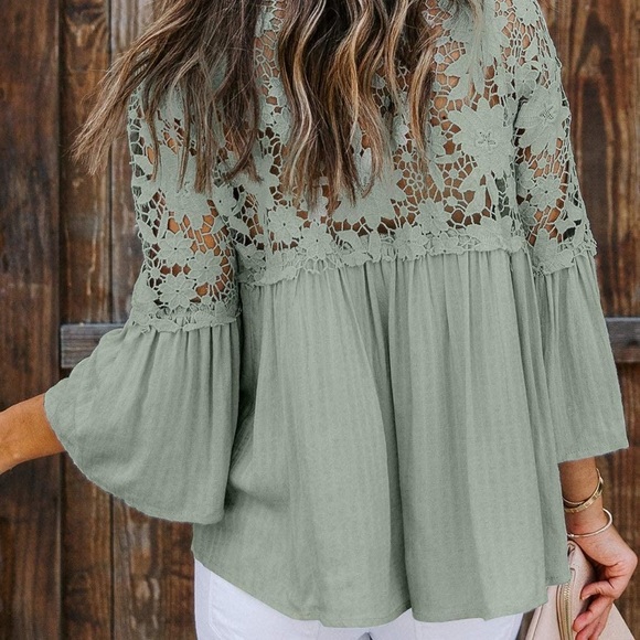 Canikat Women's V Neck Lace Crochet Flowy Bell Sleeve Button Down Casual - Picture 2 of 2